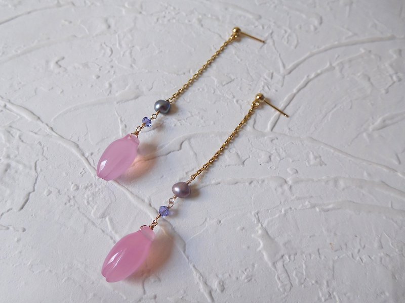 Pack 14K pink flower 苞 石灰 lime pearl draped long earrings (length can be modified to change the clip) - Earrings & Clip-ons - Other Materials Pink