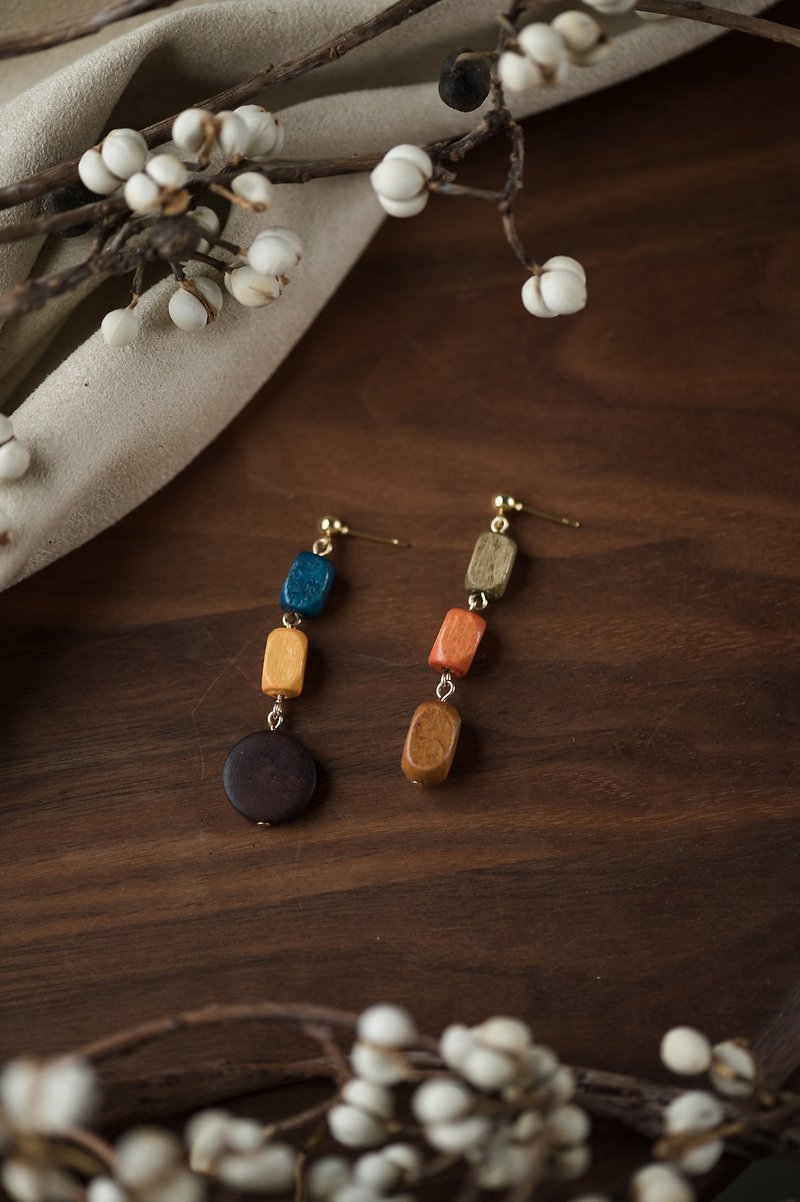 Swing│Swaying Series- Colorful Building Blocks - Earrings & Clip-ons - Other Materials Brown
