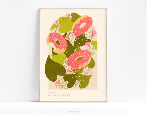 daashart 植物復古甜甜圈海報綠色和粉紅色快餐可印刷牆藝術