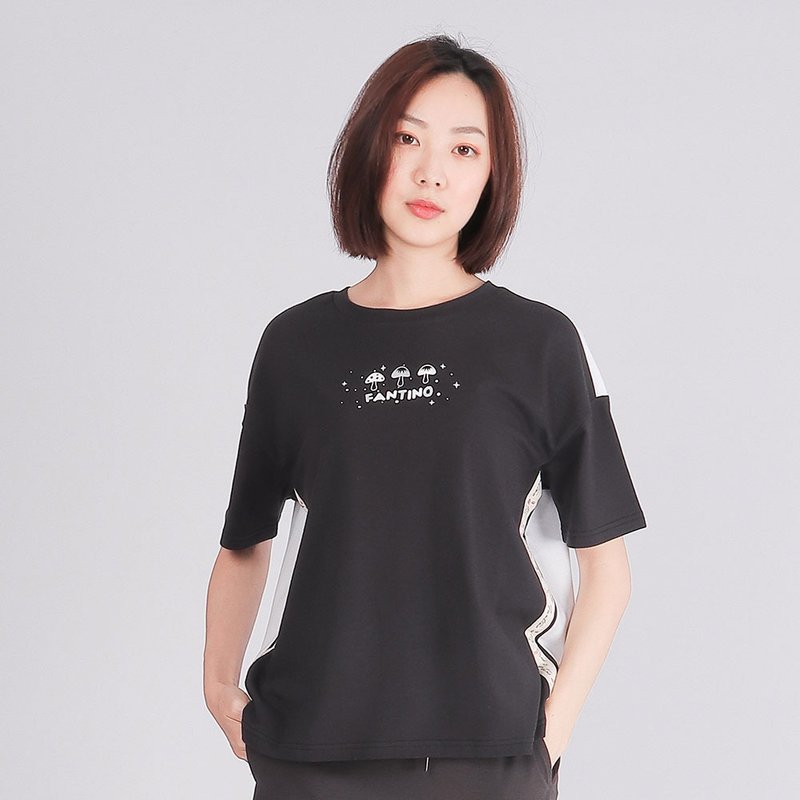雙色拼接落肩圓領衫-前黑後白  夏裝 - 女 T 恤 - 棉．麻 黑色