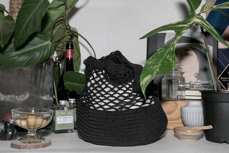ผ้าฝ้าย/ผ้าลินิน กระเป๋าถือ สีดำ - Crochet Large Capacity Portable Shoulder Bag / Black / Net:L / SDODIO Studio