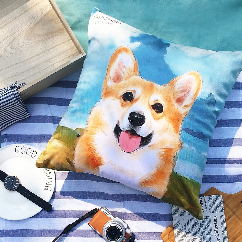 Sunny Corgi Dog Animal Pillow/Pillow/Cushion - หมอน - ผ้าฝ้าย/ผ้าลินิน สีน้ำเงิน