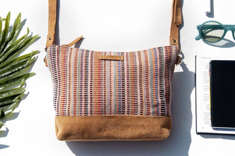 Leather splicing design side backpack boho shoulder bag ethnic style crossbody bag suede bag - pink rainbow strips - Messenger Bags & Sling Bags - Genuine Leather Multicolor