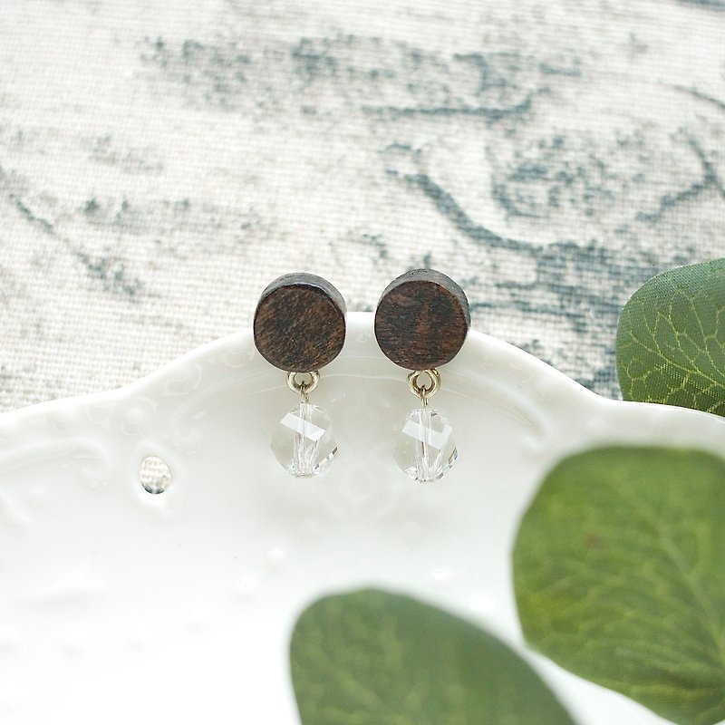 Round wood & Crystal  earrings - ต่างหู - ไม้ สีนำ้ตาล