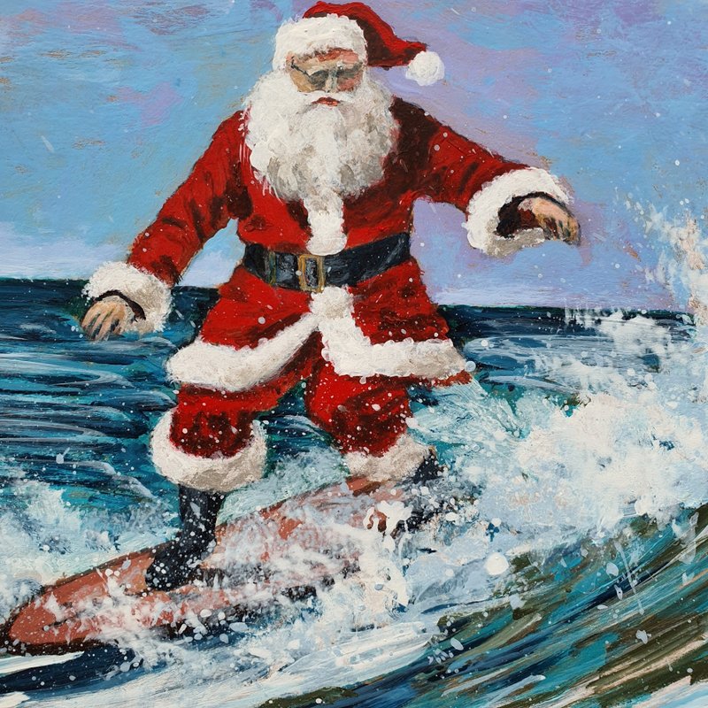 Surfing Santa Painting Christmas Original Wall Art Holiday Beach Vibes Artwork - 海報/掛畫/掛布 - 其他材質 紅色