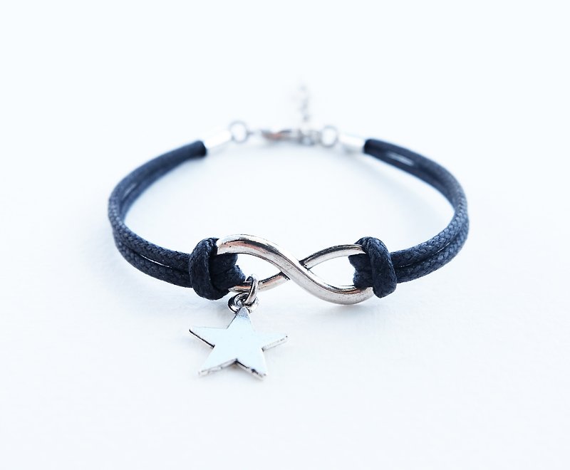 Infinity and star bracelet ,waxed cotton cord in black - สร้อยข้อมือ - กระดาษ สีดำ