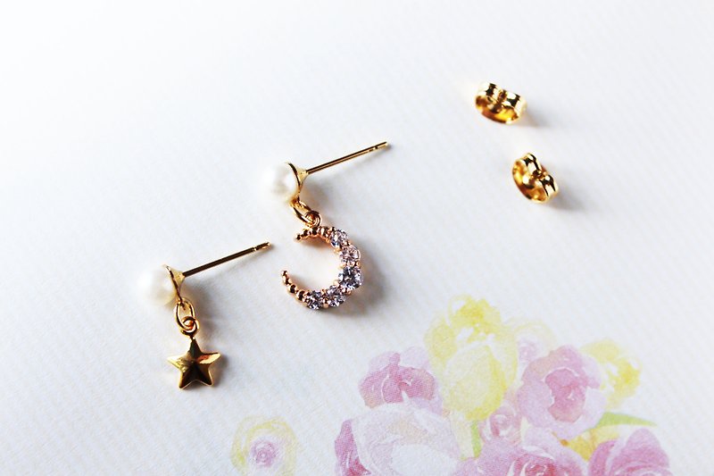 Rosy Garden  浪漫星月之旅不對稱耳環 可換夾式 - 耳環/耳夾 - 玻璃 金色