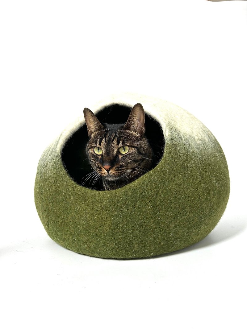 ウールフェルト洞窟囲い付き猫の巣猫用品 – LeFunnyCat Understory Moss - 寝具 - ウール グリーン