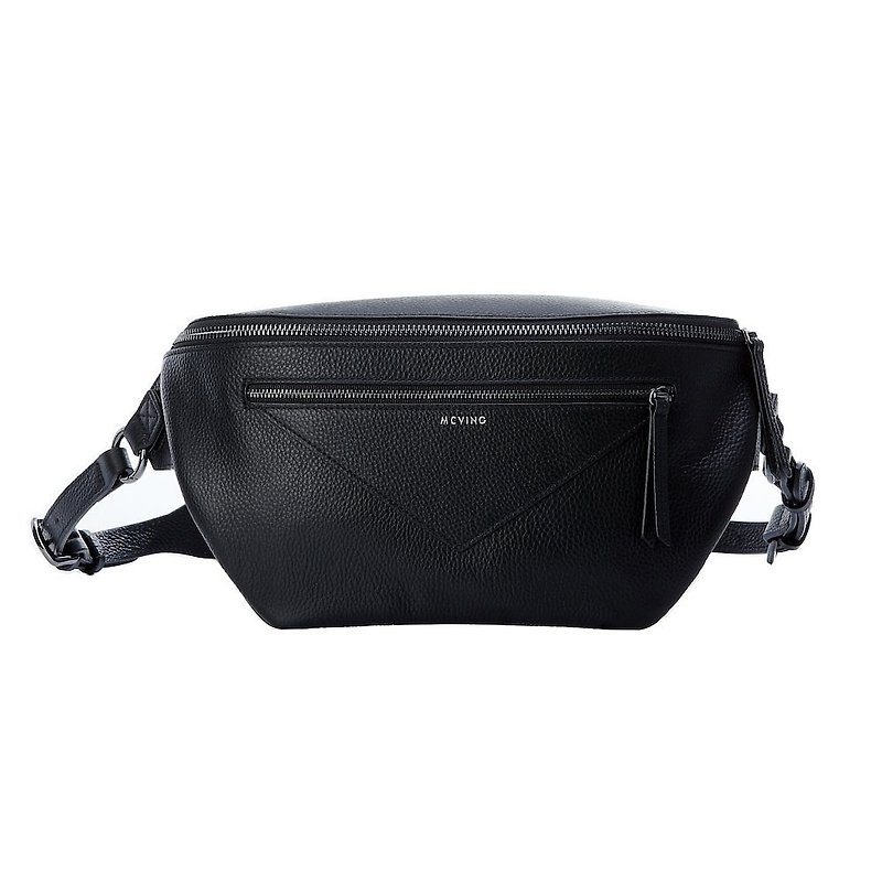 Runner X Waist Bag-Black Embossed Leather - กระเป๋าแมสเซนเจอร์ - หนังแท้ สีดำ