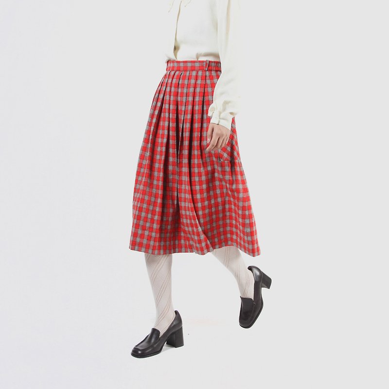 [Egg plant ancient] colorful light plaid wool vintage dress - Skirts - Wool Red