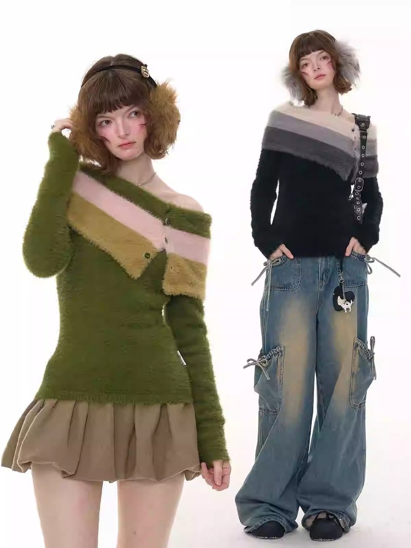 ziziFei 秋冬新作 アメリカンヴィンテージデザイン 配色ボーダー オフショルダー シャギーニットトップス - ニット・セーター - その他の素材 ブラック