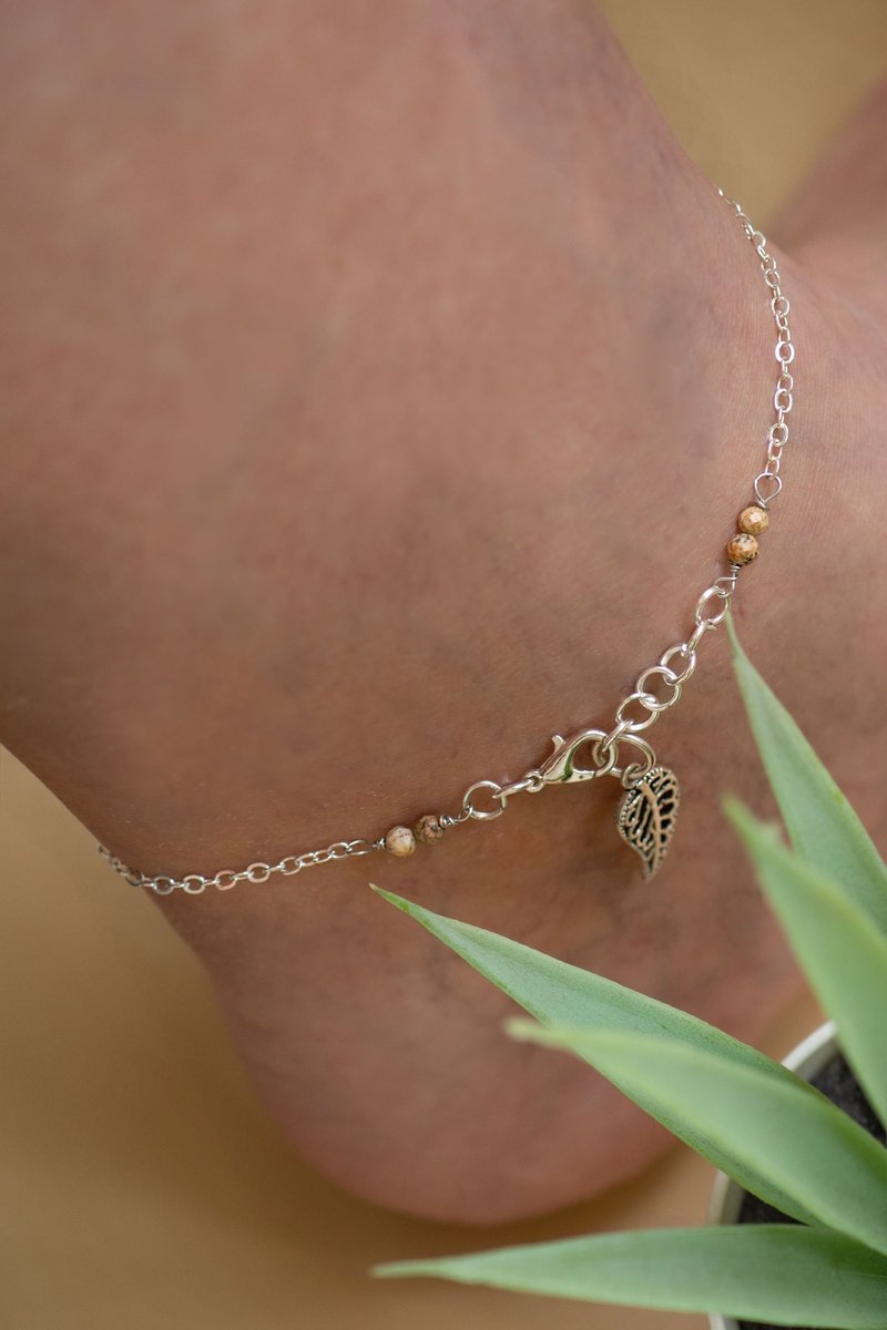 925 Silver Leg Bracelet, Yellow jasper Anklet, Virgo Crystal, Sagittarius stone - 手鍊/手環 - 寶石 黃色