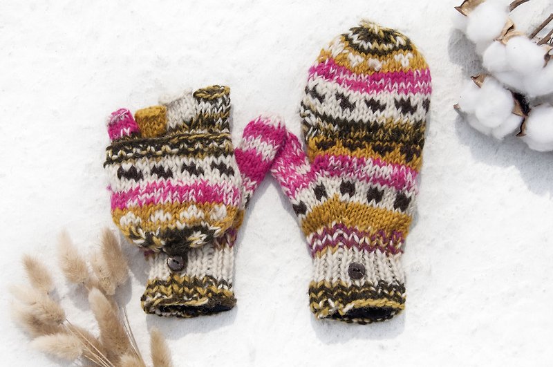手織純羊毛針織手套/可拆卸手套/內刷毛手套/保暖手套-南美草莓色 - 手套 - 羊毛 多色