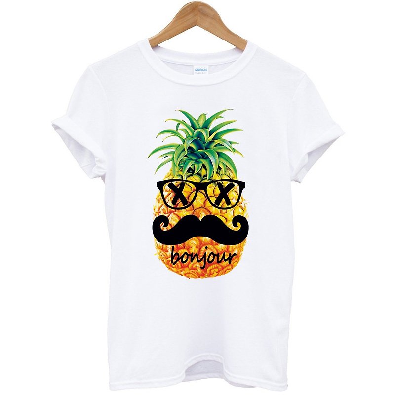 Pineapple-bonjour短袖T恤-白色 鳳梨 你好 法文 鬍子 食物 設計 - 男 T 恤 - 棉．麻 白色