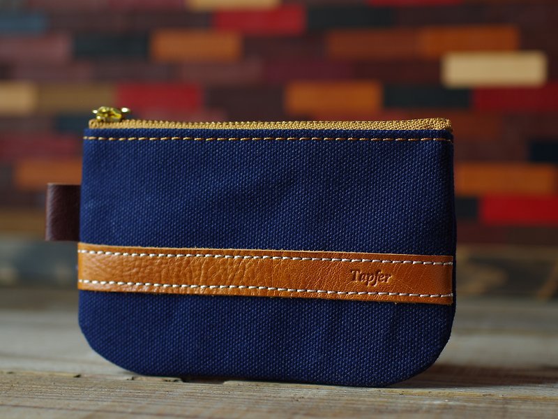 Canvas × Nume leather pouch mini - กระเป๋าเครื่องสำอาง - ผ้าฝ้าย/ผ้าลินิน สีน้ำเงิน