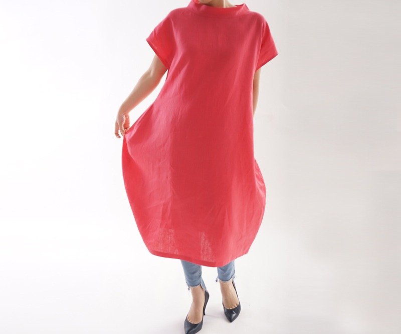 ベルギーリネン フレンチコクーンワンピース/コーラル a41-35 - 洋裝/連身裙 - 棉．麻 紅色
