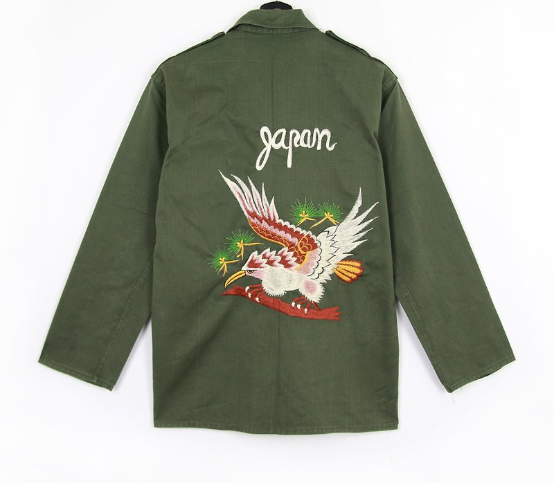 Back to Green:: military uniform embroidered shirt jacket embroidered tiger back pine and bird // unisex // vintage (J-02) - Men's Coats & Jackets - Cotton & Hemp 