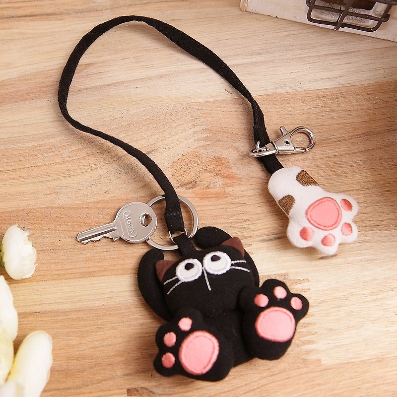 Black cat key ring/bag ornament/shape charm/hand hook rope【221617】 - Lanyards & Straps - Cotton & Hemp Black