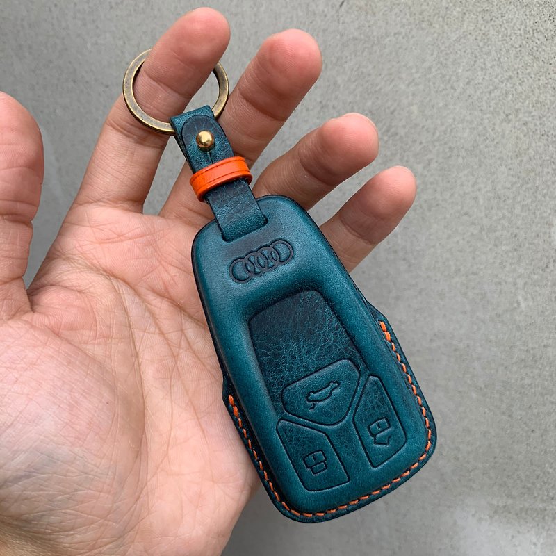 Pueblo Wax Leather car key case, car key cover, audi A5 A6 A7 A8 Q2 Q3 Q5 Q7 Q8 - ที่ห้อยกุญแจ - หนังแท้ สีน้ำเงิน