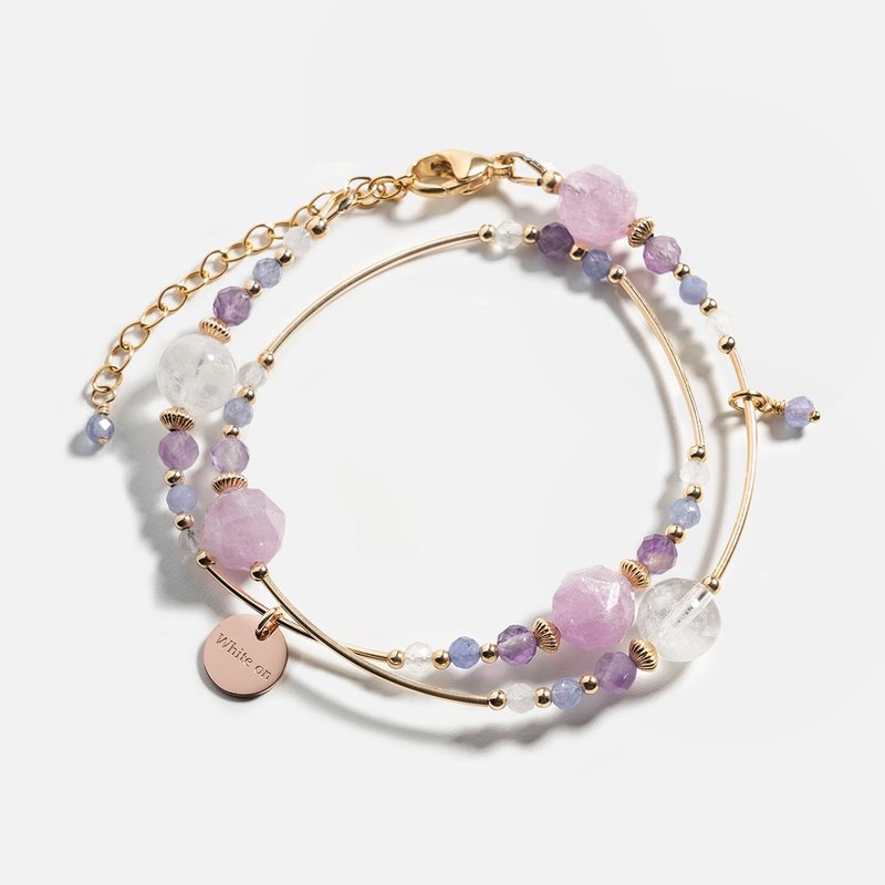 紫鋰輝白幽靈紫晶坦桑石14K包金雙圈水晶手鍊 禮物 - 手鍊/手環 - 水晶 粉紅色