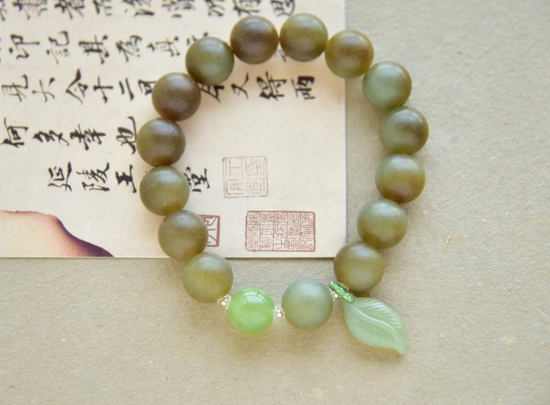 【糖串】天然和田玉新疆且末料糖藍圓珠手串手鏈 - 手鍊/手環 - 玉石 卡其色
