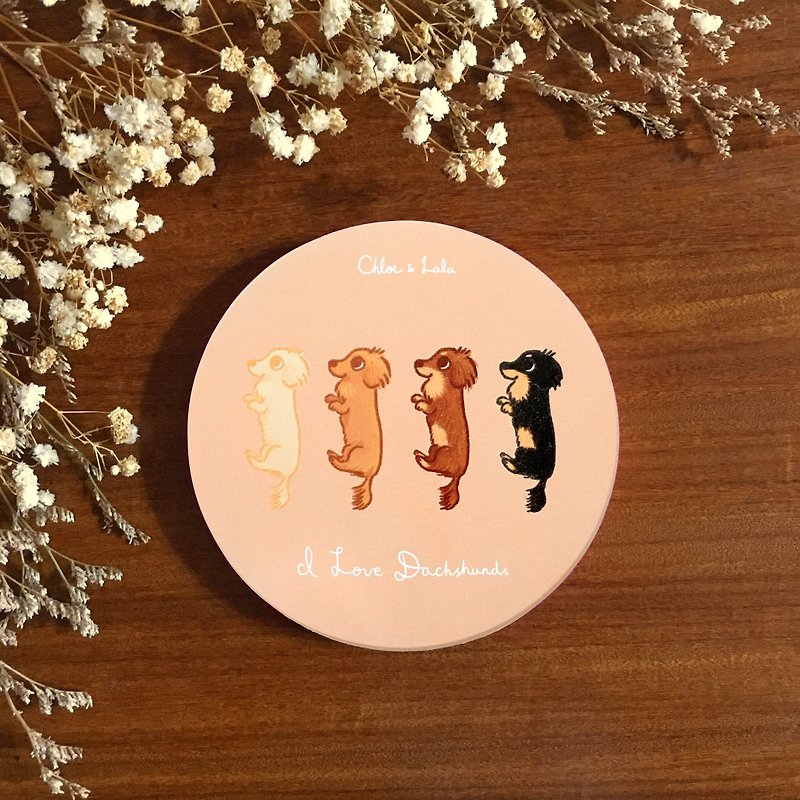 Wangmiao ceramic absorbent coaster - I love dachshunds | Four-color dachshund coaster - Coasters - Pottery Orange