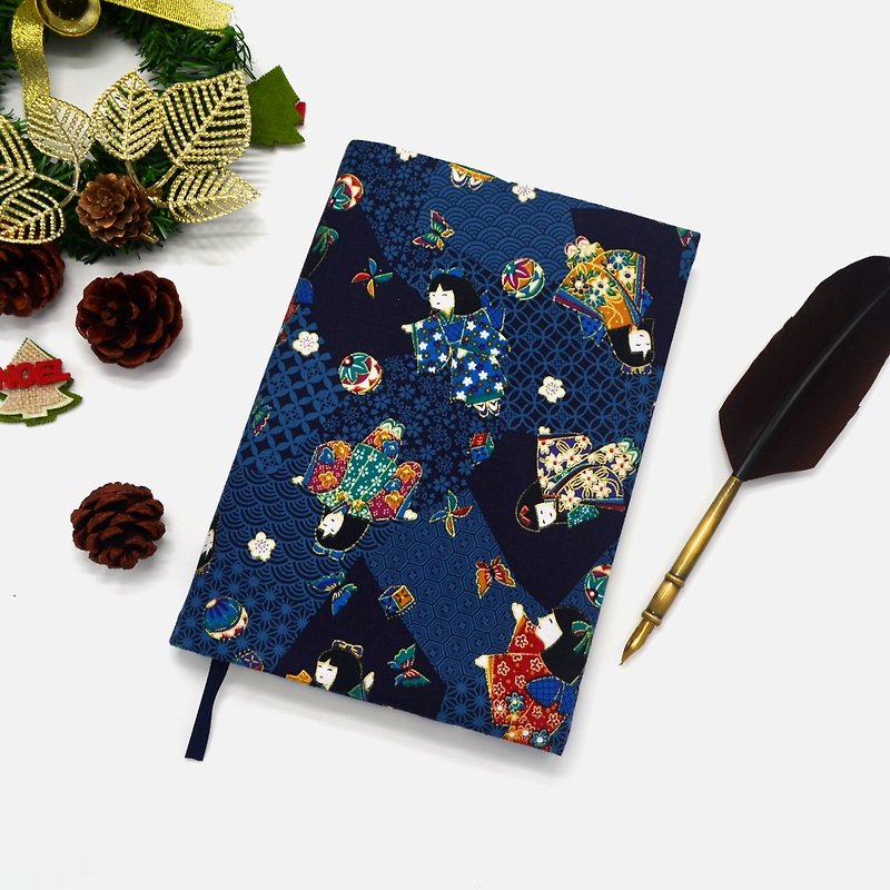 Kimono girl book cover with bookmark handmade - ปกหนังสือ - ผ้าฝ้าย/ผ้าลินิน สีน้ำเงิน