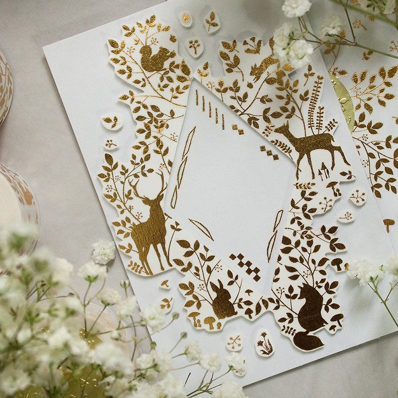 3cm燙金紙膠帶 - 森林動物 Forest Animals - 自帶離型紙 - 紙膠帶 - 紙 金色