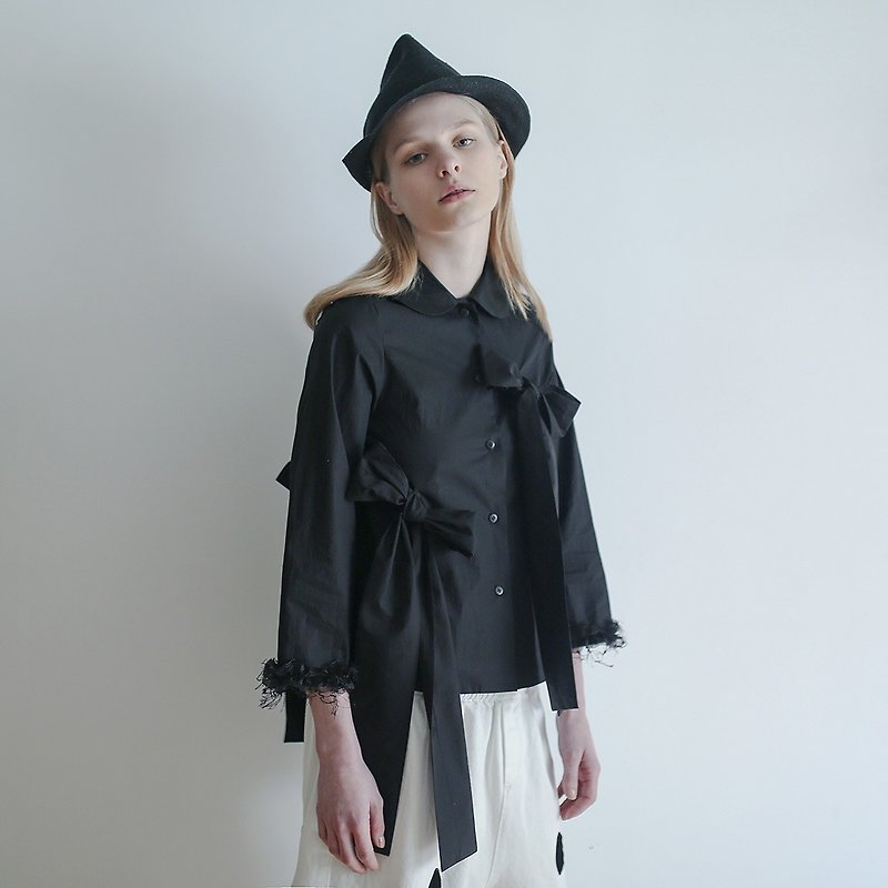 Black bow doll collar sleeve shirt - imakokoni - เสื้อเชิ้ตผู้หญิง - ผ้าฝ้าย/ผ้าลินิน สีดำ