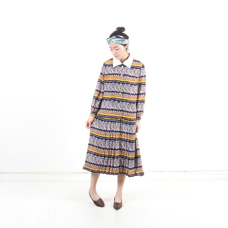 [Egg Plant Vintage] Chaoyang Totem Two-piece Vintage Dress Set - One Piece Dresses - Polyester Yellow