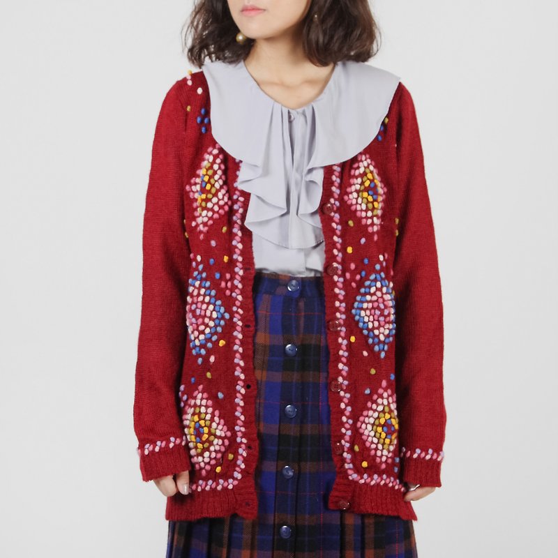 [Egg plant vintage] colorful wool ball vintage knit open coat - Women's Sweaters - Polyester Red