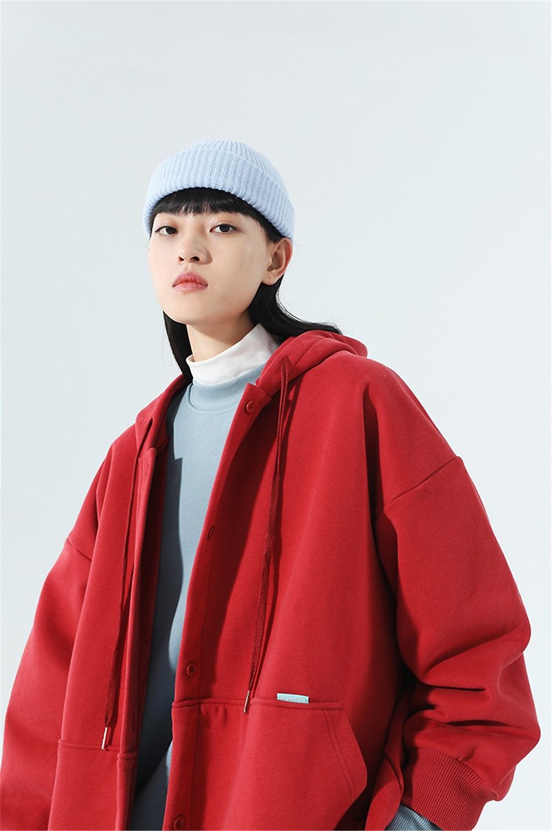 PROD自制新年紅色衛衣女韓版寬松開衫外套BF風加絨加厚連帽短外套 - 女大衣/外套 - 棉．麻 