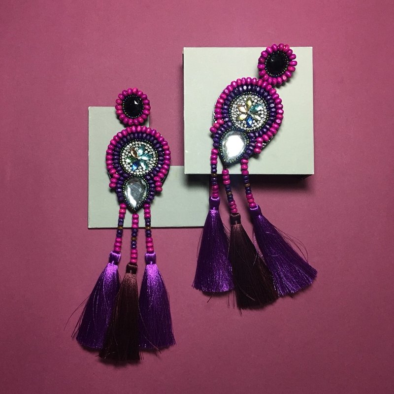 earrings : boho chic x3rd purple l red - 耳環/耳夾/耳骨夾 - 其他材質 紫色