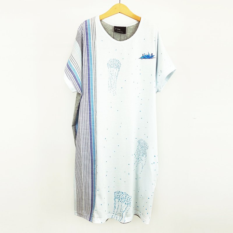 Urb. Fishing Boats & Jellyfish / Pocket Dress / Micro Blue + Gray (Back) - One Piece Dresses - Cotton & Hemp White