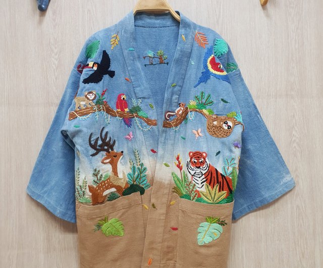 手刺繍カーディガン コットン トラ 鹿 ゴウキョウ トゥカン フォレスト