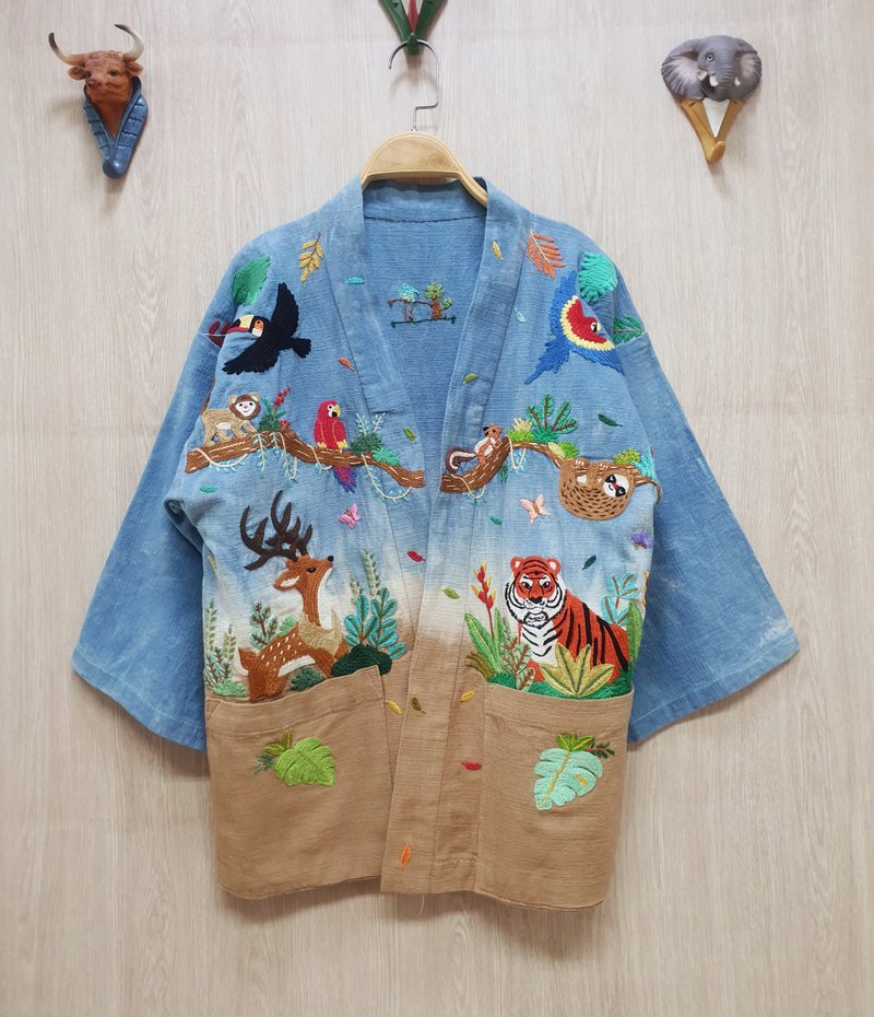 手工刺繡開衫、棉、虎、鹿、金剛鸚鵡、圖坎、森林、叢林 - 女上衣/長袖上衣 - 繡線 藍色
