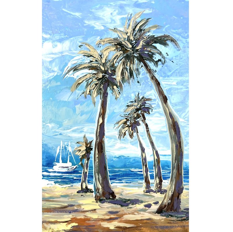 Palm Painting Beach Original Art 15x10 cm/ 6 by 4 inch - โปสเตอร์ - วัสดุอื่นๆ หลากหลายสี