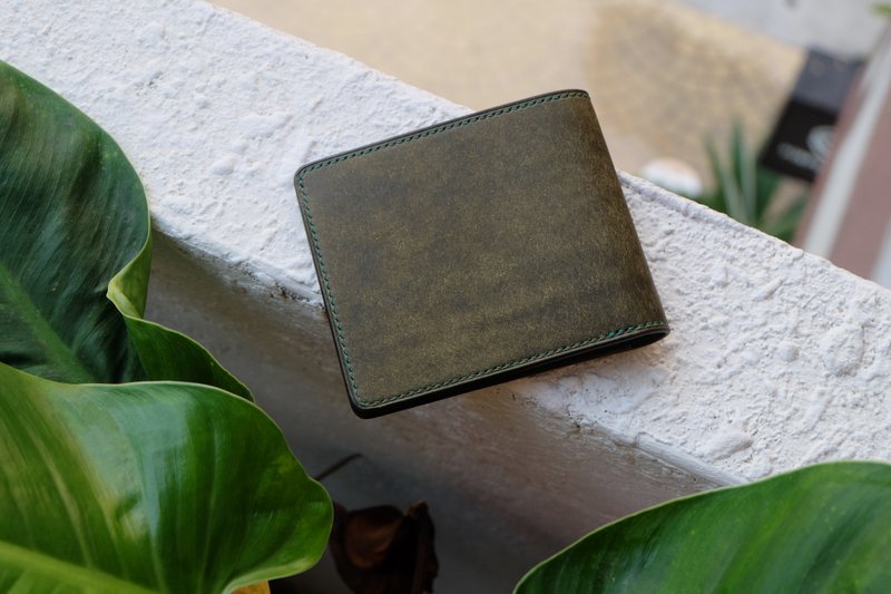 Eight card short clip Italian vegetable tanning association frosted leather Badalassi Carlo Pueblo hand-stitched - Wallets - Genuine Leather Green