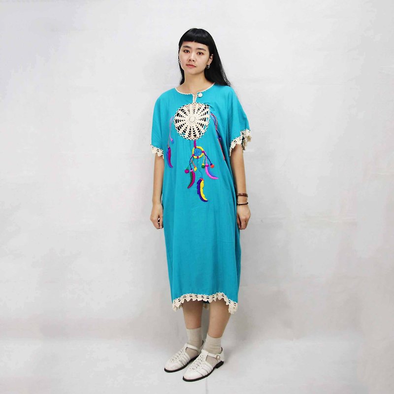 Tsubasa.Y Antique House 002 Blue Green Dreamcatcher Embroidered Dress, Embroidered Dress Cotton - ชุดเดรส - ผ้าฝ้าย/ผ้าลินิน 