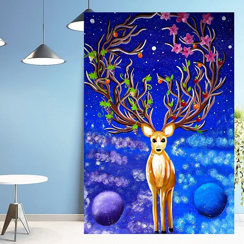 Stag Painting Deer Original Art Moon Wall Art Animal Artwork Starry Sky Art Acry - โปสเตอร์ - กระดาษ สีน้ำเงิน