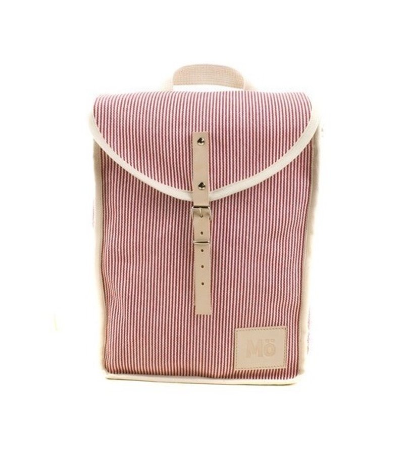 Mödernaked [西班牙手工製作] Heap Backpacks 100%純棉|皮革|拼接|抽繩 後背包 (紅白條紋） - 後背包/背包/書包 - 棉．麻 紅色