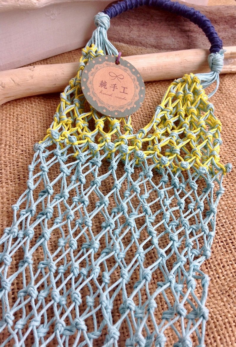 Hand-woven {in} green bag / sky blue + bright yellow / water bottle / hand cup / thermos - Beverage Holders & Bags - Cotton & Hemp 