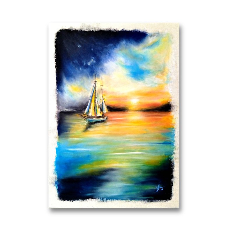 Ship Painting Original Sunset Wall Art Sailboat Wall Decor Sunset Seascape - Wall Décor - Other Materials Multicolor