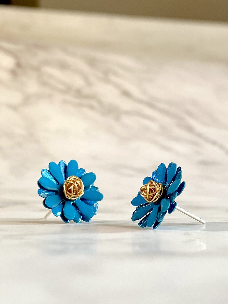 Small daisy paper art earrings waterproof 925 anti-sensitive ear needles can be changed to Clip-On - ต่างหู - กระดาษ สีน้ำเงิน