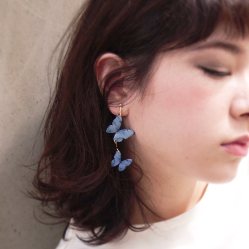 デニムブルーの羽【2N-NV-1】 - 耳環/耳夾 - 棉．麻 藍色
