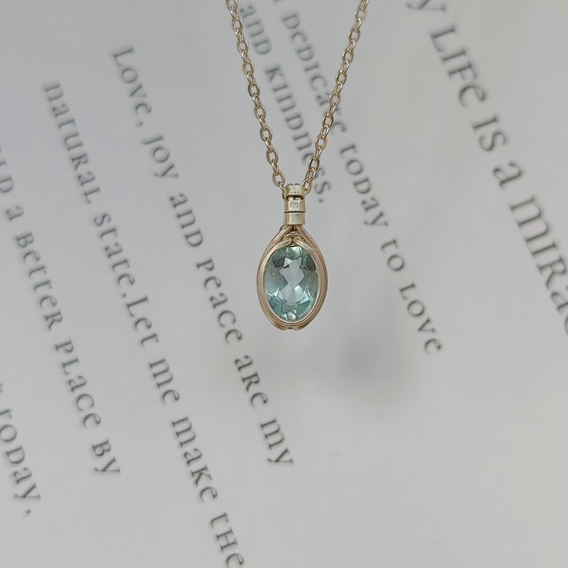 天然海藍寶吊墜 切面海藍寶純銀項鍊 手工刻面天然石海藍寶項鏈 - 項鍊 - 半寶石 