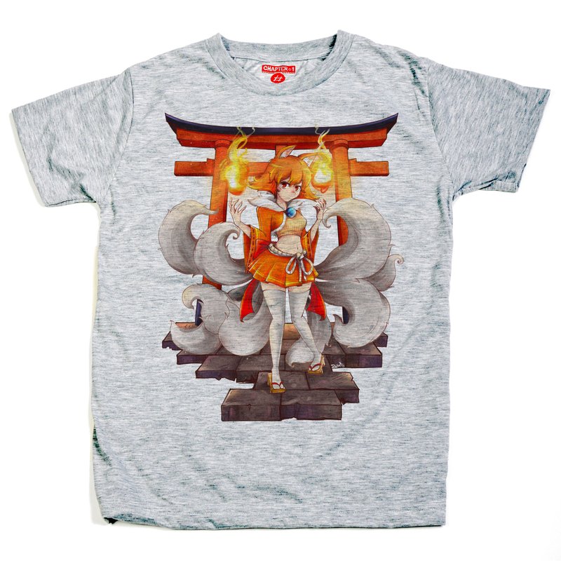 Nine tails Fox Torii unisex men woman cotton mix Chapter One T-shirt - 男 T 恤 - 棉．麻 白色