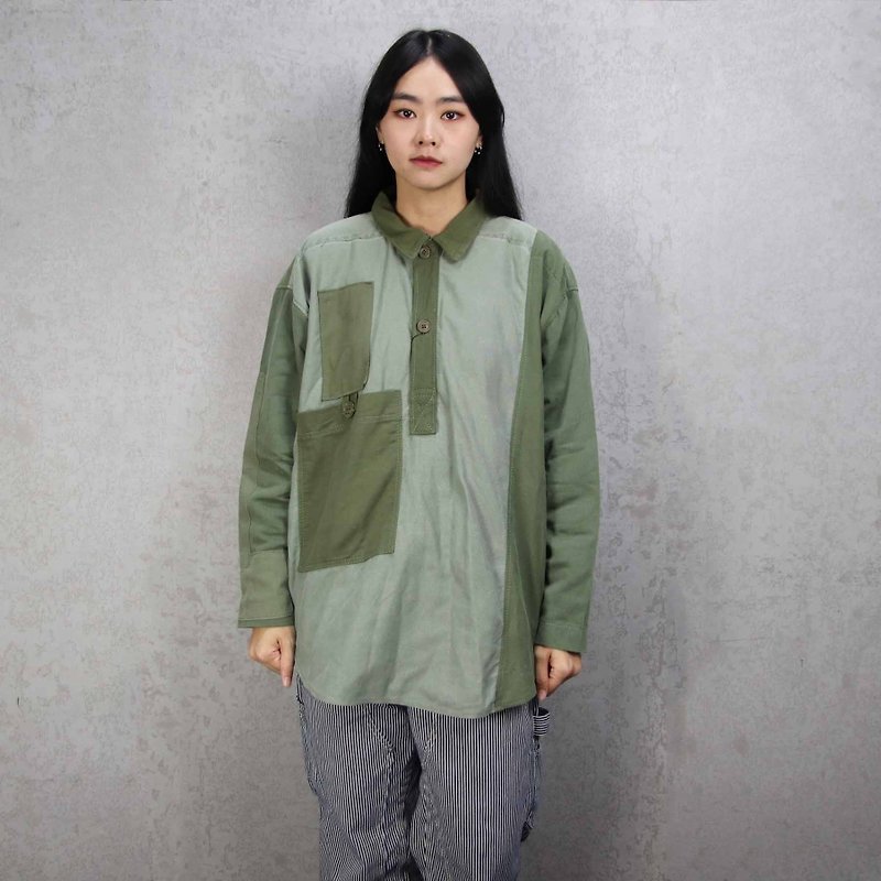 Tsubasa.Y Ancient House 002 Re-splicing Long Sleeve Army Lining, Splicing Army Green Army Shirt - Men's Shirts - Cotton & Hemp 