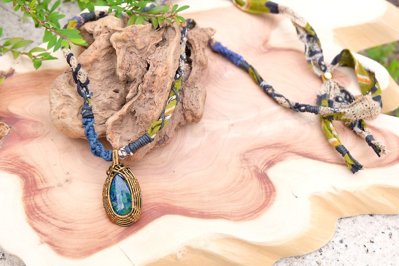 藍銅礦金屬線編織布藝頸鏈 - 頸圈項鍊 - 水晶 綠色