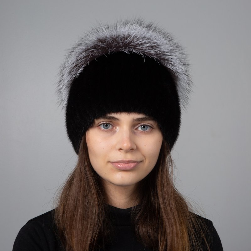 Winter Real Fur Mink Hat With Silver Fox Fur Pompom On Knitted Base For Lady - Hats & Caps - Wool Multicolor